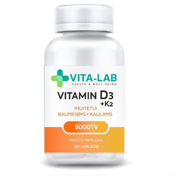 VITA-LAB VITAMĪNS D3 5000 + K2 200 µg, 90 tabletes attēls