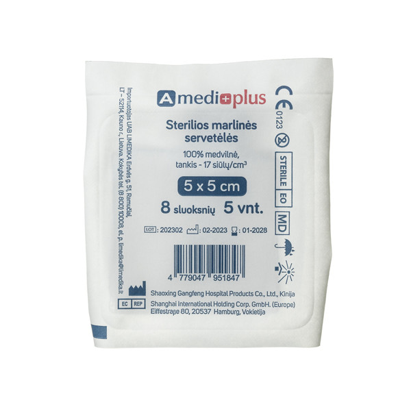 AMEDIPLUS, salvetes sterila marle 5x5cm, 8 kārtas N5 attēls