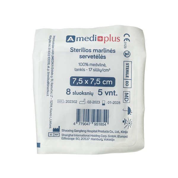 AMEDIPLUS, salvetes sterila marle 7,5x7,5cm, 8 kārtas N5 attēls