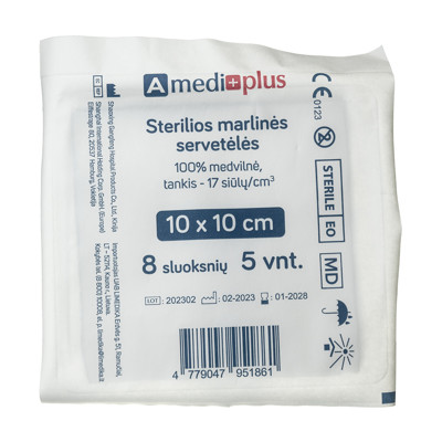 AMEDIPLUS, salvetes sterila marle 10x10cm, 8 kārtas N5 attēls