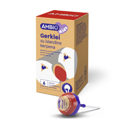 AMBIO kids, rīklei ar islandes ķērpjiem, 6 zemeņu garšas ledene uz kociņa attēls