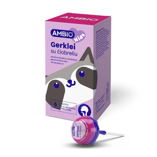 AMBIO KIDS rīklei ar timiānu, 6 aveņu garšas ledenes uz kociņa attēls