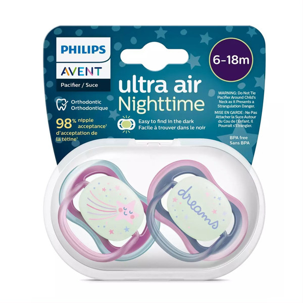 PHILIPS AVENT, silikona knupis, 6-18 mēn., Ultra Air, nakts, SCF376/14, 2 gab. attēls