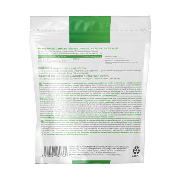 Raw Powders, L-arginīns, kapsulas, 500mg, N100 attēls