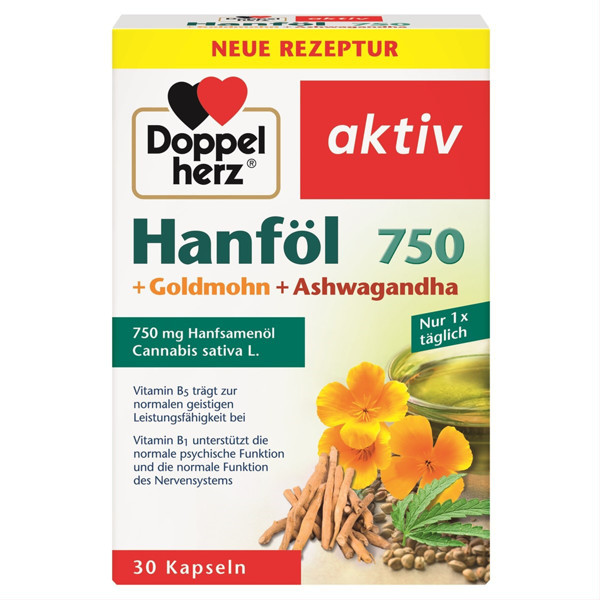 DOPPELHERZ AKTIV HANFÖL 750+GOLDMOHN+ASHWAGANDHA, 30 kapsulas attēls