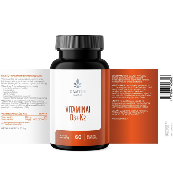 Gamtos namai vitamīni D3+K2, 60 kapsulas attēls
