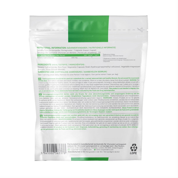 RAW POWDERS Betaīns HCL, 650 mg, 120 kapsulas attēls
