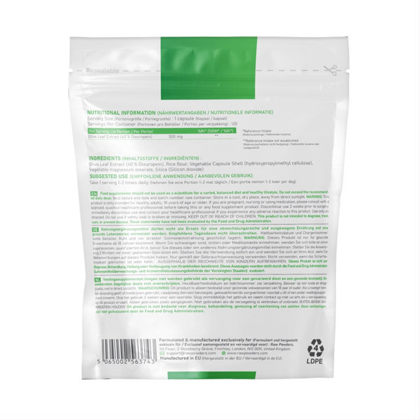 RAW POWDERS olīvu lapu ekstrakts, 500 mg, 120 kapsulas attēls