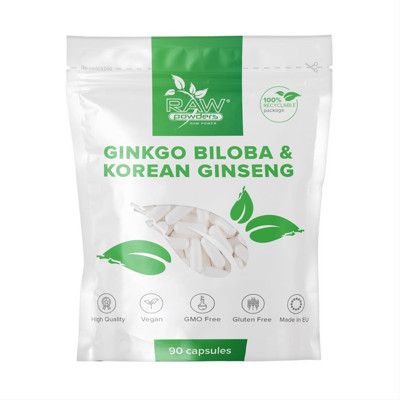 RAW POWDERS Ginkgo ekstraktā 3000 mg, korejiešu žeņšeņs 1000 mg, 90 kapsulas attēls