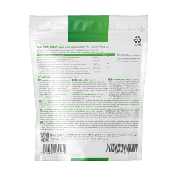 RAW POWDERS Ginkgo ekstraktā 3000 mg, korejiešu žeņšeņs 1000 mg, 90 kapsulas attēls