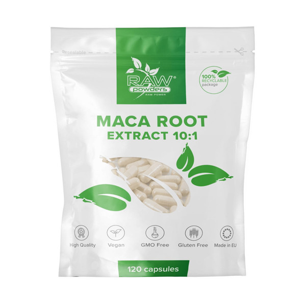 RAW POWDERS Maca saknes 10: 1 ekstrakts, 5000 mg, 120 kapsulas attēls