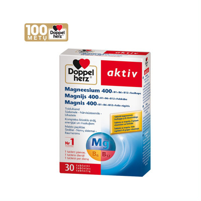 DOPPELHERZ AKTIV MAGNIS 400 + B1, B6, B12 + folijskābe, 30 tabletes attēls