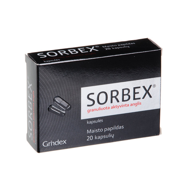 SORBEX, гранулированный активированный уголь, 300 мг, 20 капсул изображение