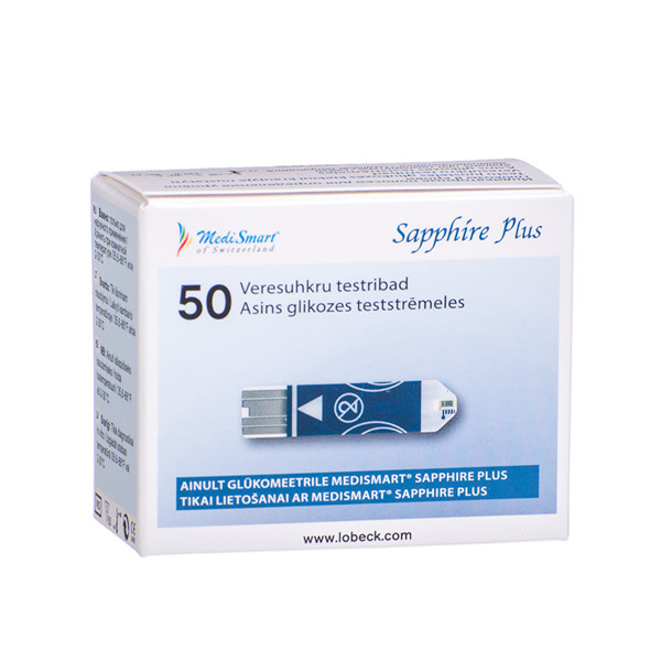 MEDISMART SAPPHIRE GLIKOZES ASIŅU TESTA STREPNE, diagnostikas strēmeles (nav kalibrētas), 50 gab. attēls