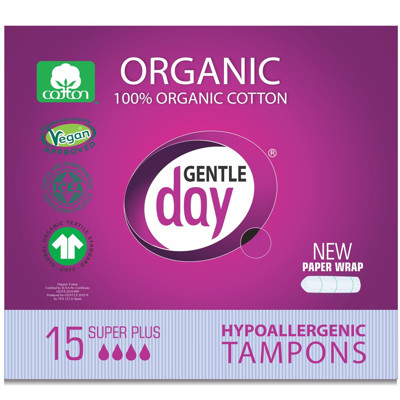 GENTLE DAY SUPER PLUS, organiskās kokvilnas tamponi, 15 gab. attēls