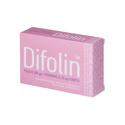 DIFOLIN, folijskābe + D vitamīns, 60 tabletes attēls