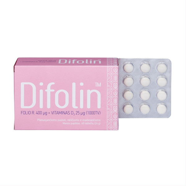 DIFOLIN, folijskābe + D vitamīns, 60 tabletes attēls