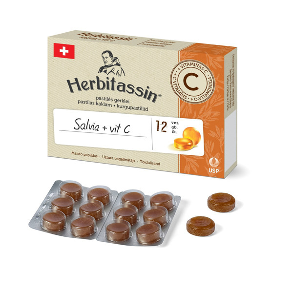 HERBITASSIN, rīkles pastilas ar salvijas ekstraktu un C vitamīnu, 12 pastilas attēls