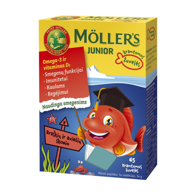MOLLER'S OMEGA-3 JUNIOR, zivju eļļa, 45 zemeņu-aveņu garšas košļājamā želejzivs attēls