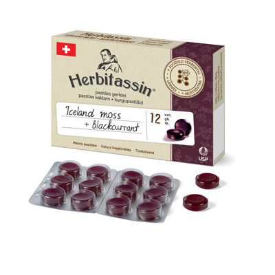 HERBITASSIN, rīkles pastilas ar Islandes ķērpjiem un upenēm, 12 pastilas attēls