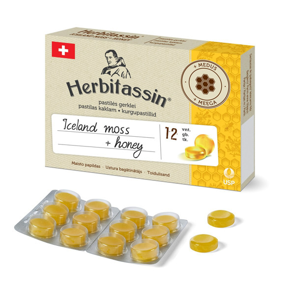 HERBITASSIN, rīkles pastilas ar Islandes ķērpjiem un medu, 12 pastilas attēls