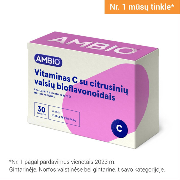 AMBIO vitamīns C 500 mg ar pagarinātu iedarbību ar citrusaugļu bioflavonoīdiem, 30 tabletes attēls