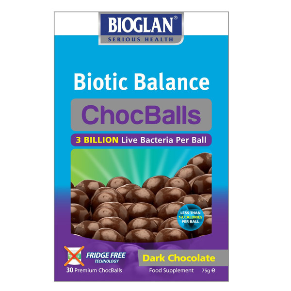 BIOGLAN BIOTIC BALANCE CHOCBALLS, Melnās šokolādes aromāts, 30 košļājamās tabletes attēls