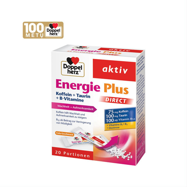 DOPPELHERZ AKTIV ENERGIE PLUS DIRECT KOFFEIN + TAURIN + B-VITAMINE, 20 paciņas attēls