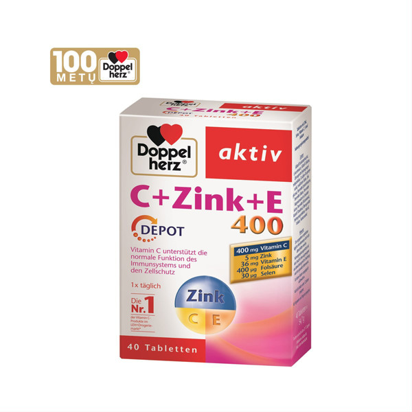 DOPPELHERZ AKTIV C + ZINC + SELEN + E DEPOT, 40 tabletes attēls