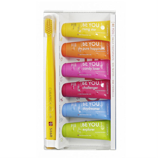 CURAPROX BE YOU dabīgs balinošs ikdienas zobu pastas komplekts ar dažādiem aromātiem 6 x 10 ml un zobu birste attēls