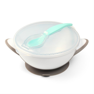 BABYONO, šķīvis ar lipīgu dibenu + karote, no 6+ mēn., pelēks, 1063/02 attēls