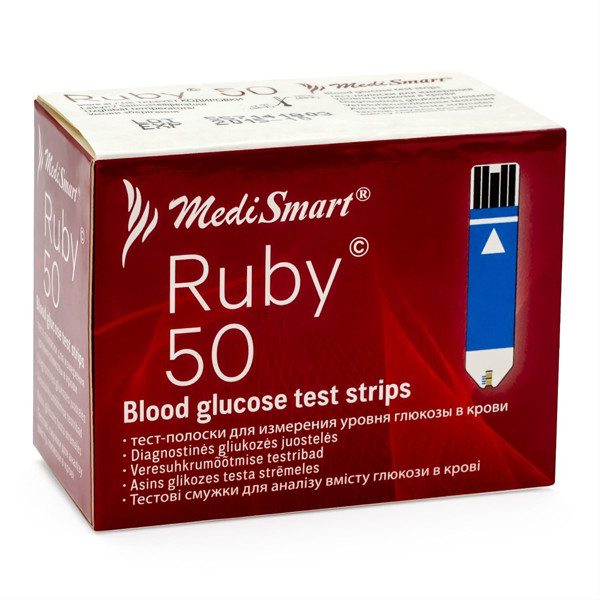 MEDISMART RUBĪNA GLIKOZES TESTA STRĀKSNES, diagnostikas strēmeles glikozes līmeņa noteikšanai (nav kalibrētas), 50 gab. attēls