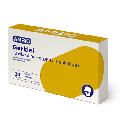 AMBIO rīklei ar Islandes ķērpjiem un eikaliptu, 20 sūkājamās tabletes attēls