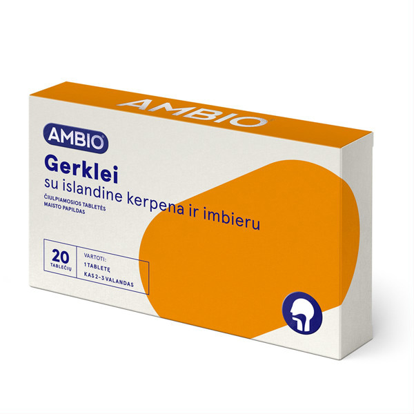 AMBIO rīklei ar Islandes ķērpjiem un ingveru, 20 sūkājamās tabletes attēls