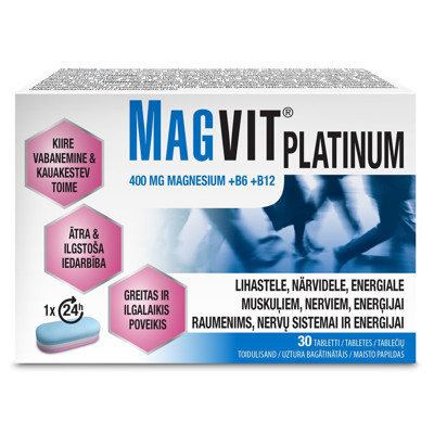 MAGVIT PLATINUM, 400 mg MAGNIJA + B6 + B12, 30 tabletes attēls