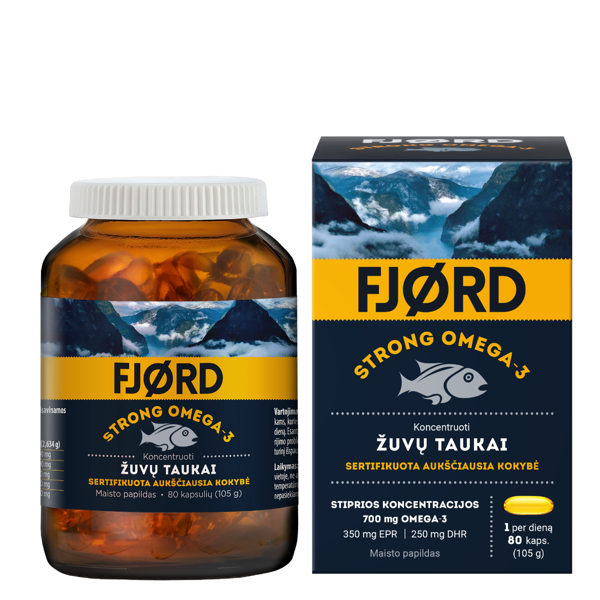 FJORD STRONG OMEGA-3, žuvų taukai, 80 kapsulių