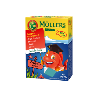 MOLLER'S OMEGA-3 JUNIOR, žuvų taukai, 45 braškių-aviečių skonio kramtomosios gelinės žuvelės