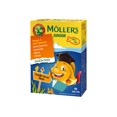 MOLLER'S OMEGA-3 JUNIOR, citrinų-apelsinų skonio, 45 kramtomosios gelinės žuvelės