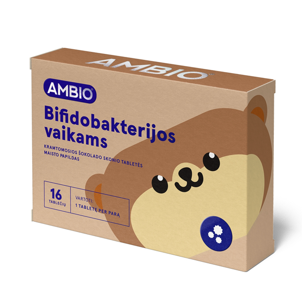 AMBIO KIDS BIFIDOBAKTERIJOS, šokolado skonio, 16 kramtomųjų tablečių
