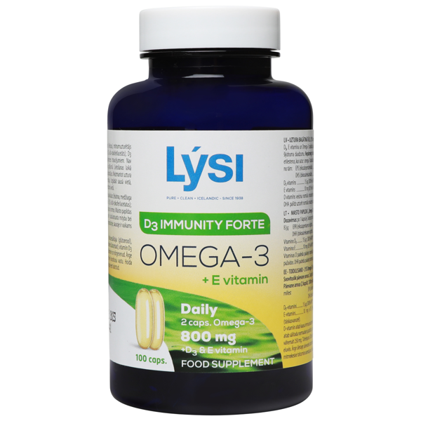 LYSI OMEGA-3 D3 IMMUNITY FORTE, žuvų taukai, 100 kapsulių