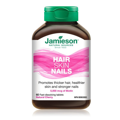 JAMIESON HAIR SKIN NAILS (Biotin), 5000 mcg, 60 kramtomųjų tablečių